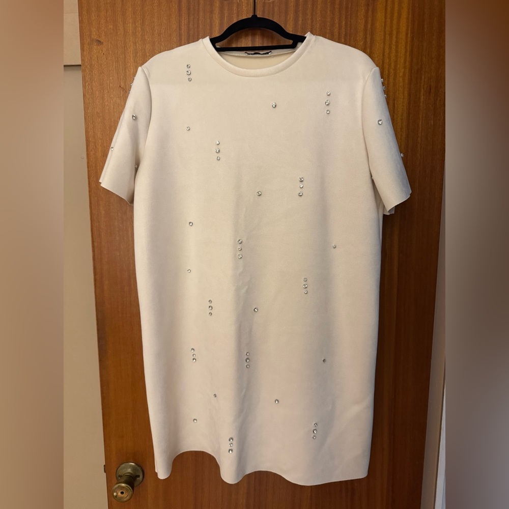 Zara Suede like Bejeweled Cream Dress